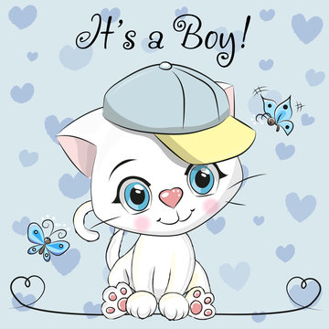 Baby Shower Greeting Card with cute Kitten boy