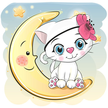 Cute Cartoon white kitten on the moon
