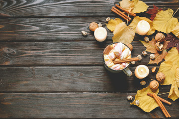 Autumn frame made of dried fall leaves, mug of cocoa with marshmellows, nuts, cinnamon, plaid, apples. Top view on brown wood background