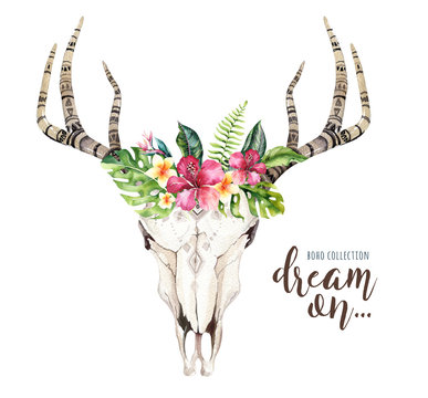 Watercolor bohemian cow skull and tropic palm leaves. Western deer mammals. Tropical deer boho decoration print antlers. flowers, leaves feathers. Isolated on white background. Aloha design.