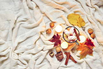 Toned Autumn made of dried fall leaves, mug of cocoa with marshmellows, nuts, cinnamon, candles on beige plaid