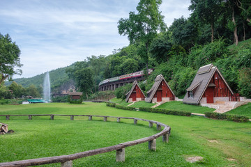 Scenic suan sai yok, river kwai cebin resort with train on history railway of world war II