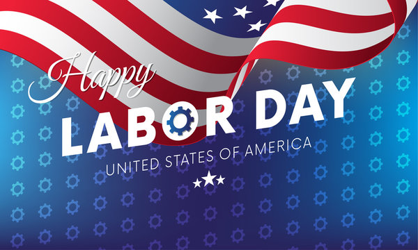 Happy Labor Day. Blue gradient background. Gears background. Waving flag. Vector illustration.