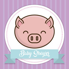 Obraz na płótnie Canvas baby shower card with cute pig icon over purple background colorful design vector illustration