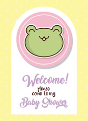 baby shower card with cute frog icon over yellow background colorful design vector illustration