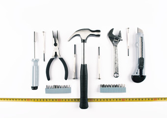 Set of various tools on white background.