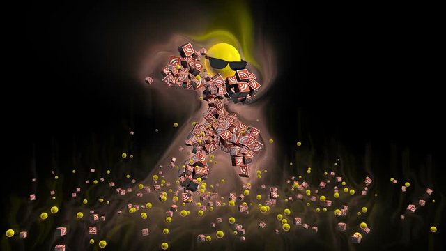 Dancing Character surrounded by colorful lights, against black