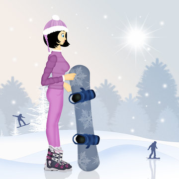 girl with snowboard in winter