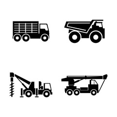 Construction vehicles. Simple Related Vector Icons Set for Video, Mobile Apps, Web Sites, Print Projects and Your Design. Black Flat Illustration on White Background.