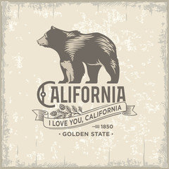Медведица с медвежонком, Калифорния, стилизованная эмблема штата Америки, сепия, винтаж, иллюстрация, вектор