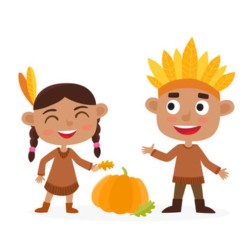 Happy thanksgiving day. Indian boy and girl isolated on white.