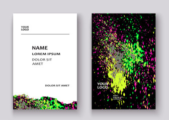 Neon colorful explosion paint splatter artistic covers design. Decorative texture splash spray on black white  backgrounds. Trendy template vector Cover Report Catalog Brochure Flyer Poster Banner