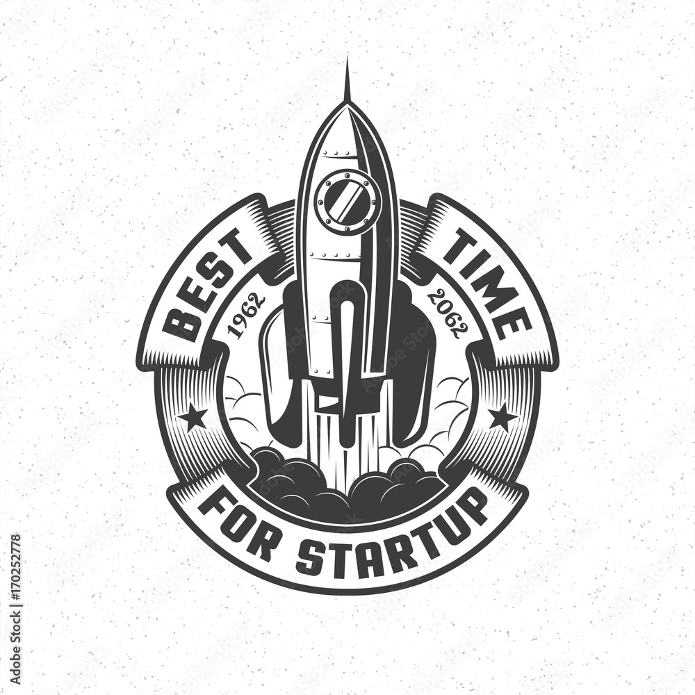 Wall mural logo with a launching spaceship and a circular banner in retro style. vector illustration.