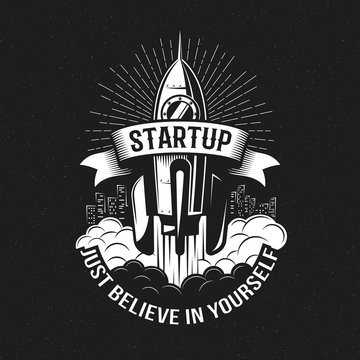 Startup vintage logo with a rocket taking off over the city on a black background. Vector illustration.