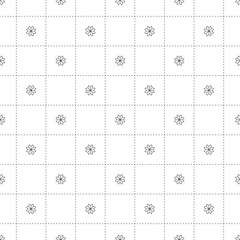 Black Flower in Dash Chess Board Japanese Seamless on White Background. Vector Illustration