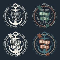 Set of marine retro emblems with anchor and ribbon on dark background. Rubbed texture on a separate layer and can be easily disabled. © Agor2012