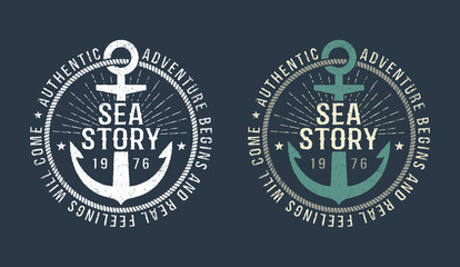 Marine round retro emblem in hipster style with anchor and inscriptions. Monochrome and color versions on a dark background. Worn texture on a separate layer and can be disabled.