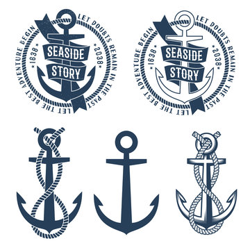 Anchor tattoo logos with ribbon, rope and seaside story words on it.  Retro nautical emblem. Rubbed texture on a separate layer and can be easily disabled.