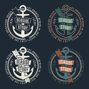 Set of marine retro emblems with anchor and ribbon on dark background. Rubbed texture on a separate layer and can be easily disabled.