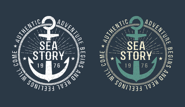 Marine round retro emblem in hipster style with anchor and inscriptions. Monochrome and color versions on a dark background. Worn texture on a separate layer and can be disabled.