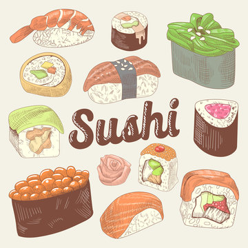 Japanese Food Hand Drawn Doodle. Sushi and Rolls with Rice and Fresh Fish. Vector Sketch