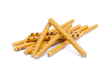 Salty cracker pretzel sticks isolated on white background