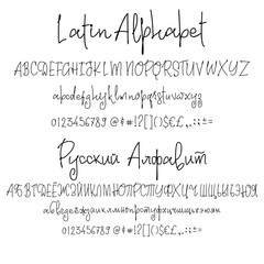 Vector Alphabet. Cyrillic and Latin . Calligraphic font. Unique Custom Characters. Hand Lettering for Designs - logos, badges, postcards, posters, prints. Modern brush handwriting Typography.