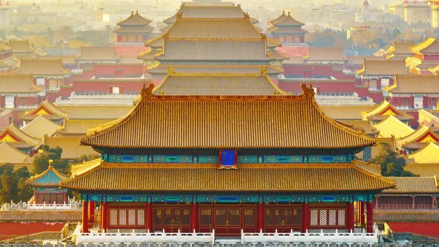 4K Zoom out Time-Lapse: China Beijing, Aerial View of Forbidden City at Sunrise.