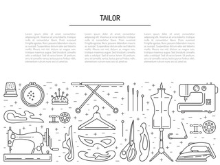 Banner on the theme of needlework and sewing with place for text. Vector linear icons of sewing equipment collected in the template