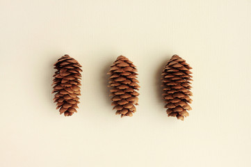 Three brown spruce cones viewed from above beige paper background. Simple autumn decor.