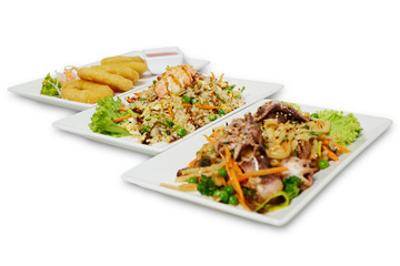 Plates of Seafood with rice and noodles