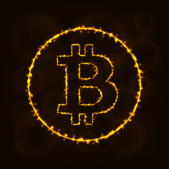 Bitcoin vector icon. Bitcoin symbol for your web site design, internet, graphic interface, business. Bitcoin illustration sign, lights silhouette on dark background. Bitcoin glowing lines and points.