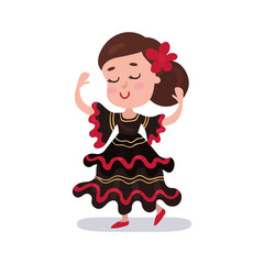 Little girl wearing red and black dress, national costume of Spain country colorful vector Illustration