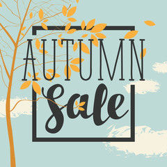 Vector banner with the words Autumn sale. Autumn landscape with autumn leaves on the branches of trees in a Park or forest on the background of blue sky with clouds