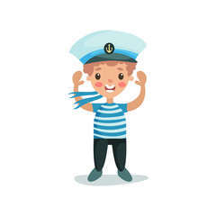 Cute happy little boy in sailors costume, kid dreaming of becoming a sailor vector Illustration