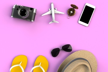Top view of Traveler's accessories on pink table background, Essential vacation items, Travel concept, 3D rendering