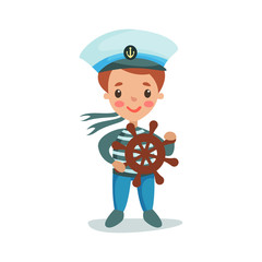 Cute little boy in sailors costume playing with wooden wheel, kid dreaming of becoming a sailor vector Illustration