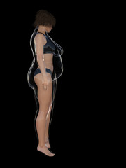 Conceptual fat overweight obese female vs slim fit healthy body after weight loss or diet with muscles thin young woman isolated. A fitness, nutrition or fatness obesity, health shape 3D illustration