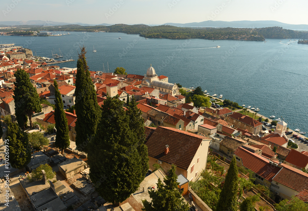 Sticker sibenik old city view with st. james cathedral and bay, croatia