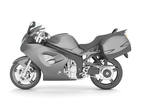3D rendering of a gray sport motorcycle on a white background.