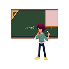 vector cartoon school boy stands near big chalk blackboard with physical energy formula. Flat isolated illustration on a white background. Back to school concept