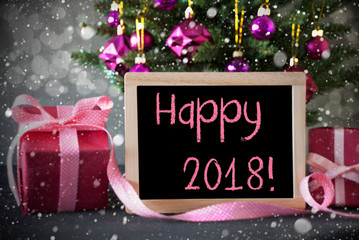 Obraz na płótnie Canvas Tree With Gifts, Snowflakes, Bokeh, Text Happy 2018