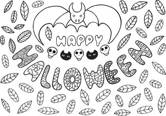 Greeting card for halloween with bat, skulls, cats, leaves and w