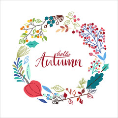 Autumn round frame with hand drawn leaves. Vector wreath background