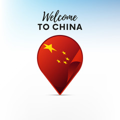 Flag of China in shape of map pointer or marker. Welcome to China. Vector illustration.