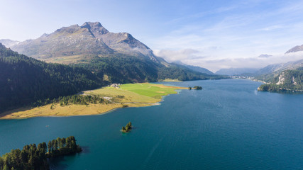 Panoramic view of Sils Lake in Engadin - Swiss Alps, aerial view