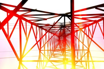 Pylon of high voltage and flames. Concept of summer fires and energy industry.