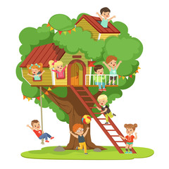 Kids having fun in the treehouse, childrens playground with swing and ladder colorful detailed vector Illustration