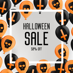 Halloween booklet banner. Purple background with balloons, with crosses and skulls. Sale 50 percent