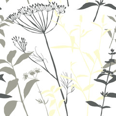 Vector floral seamless pattern with wild meadow flowers, herbs and grasses. Thin delicate line silhouettes of different plants like sunflowers and basil.